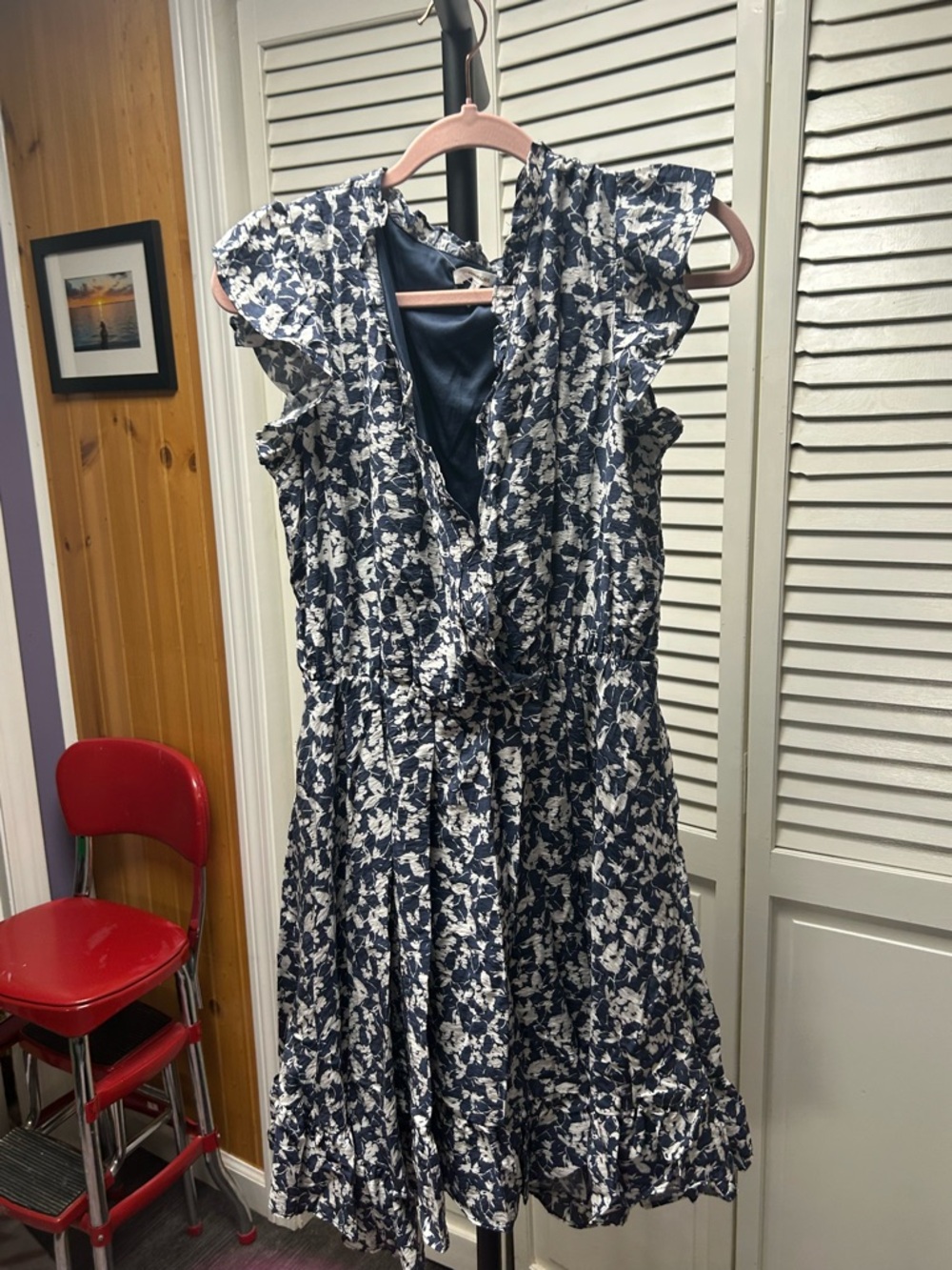 Navy and White Floral Ruffle Wrap Dress
